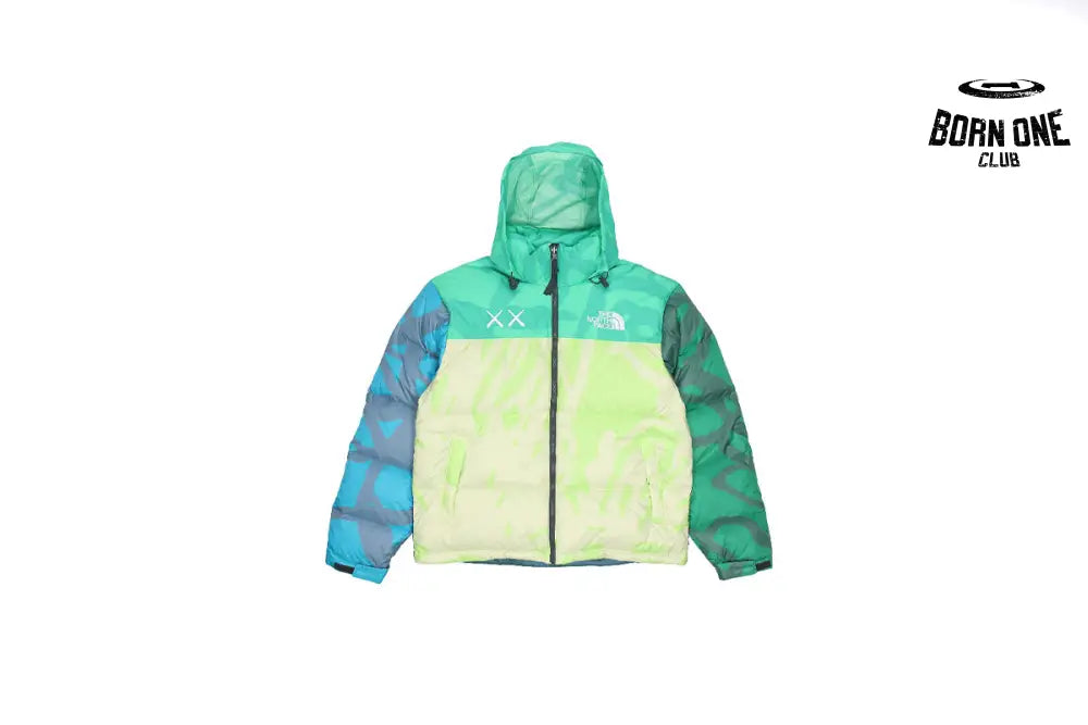 KAWS Youth Retro 1996 Nuptse Jacket KW Safety Green Nuptse Print NF0A7WLX