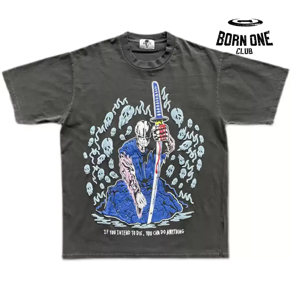 T-Shirt Pink Blue Skulls Stone Washed