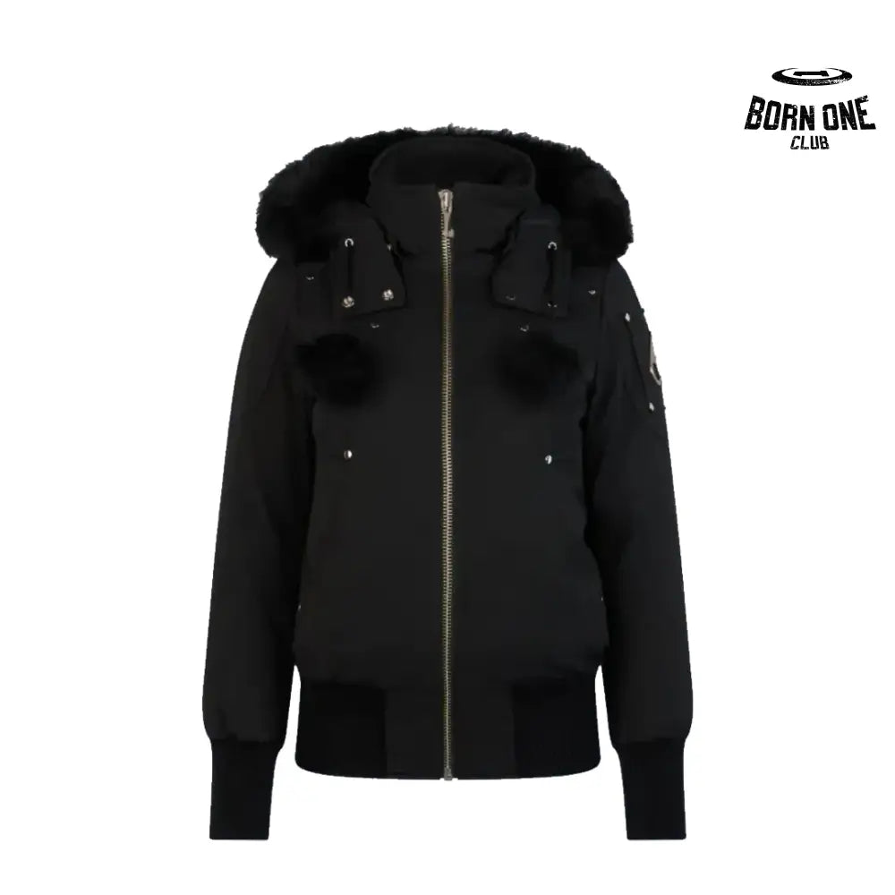 Black Wool Collar Zip-Up Jacket With A Pom-Pom
