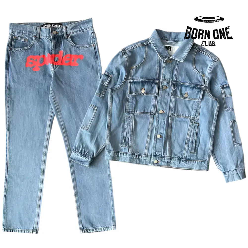 denim jeans Jacket red logo Set Jacket Pants