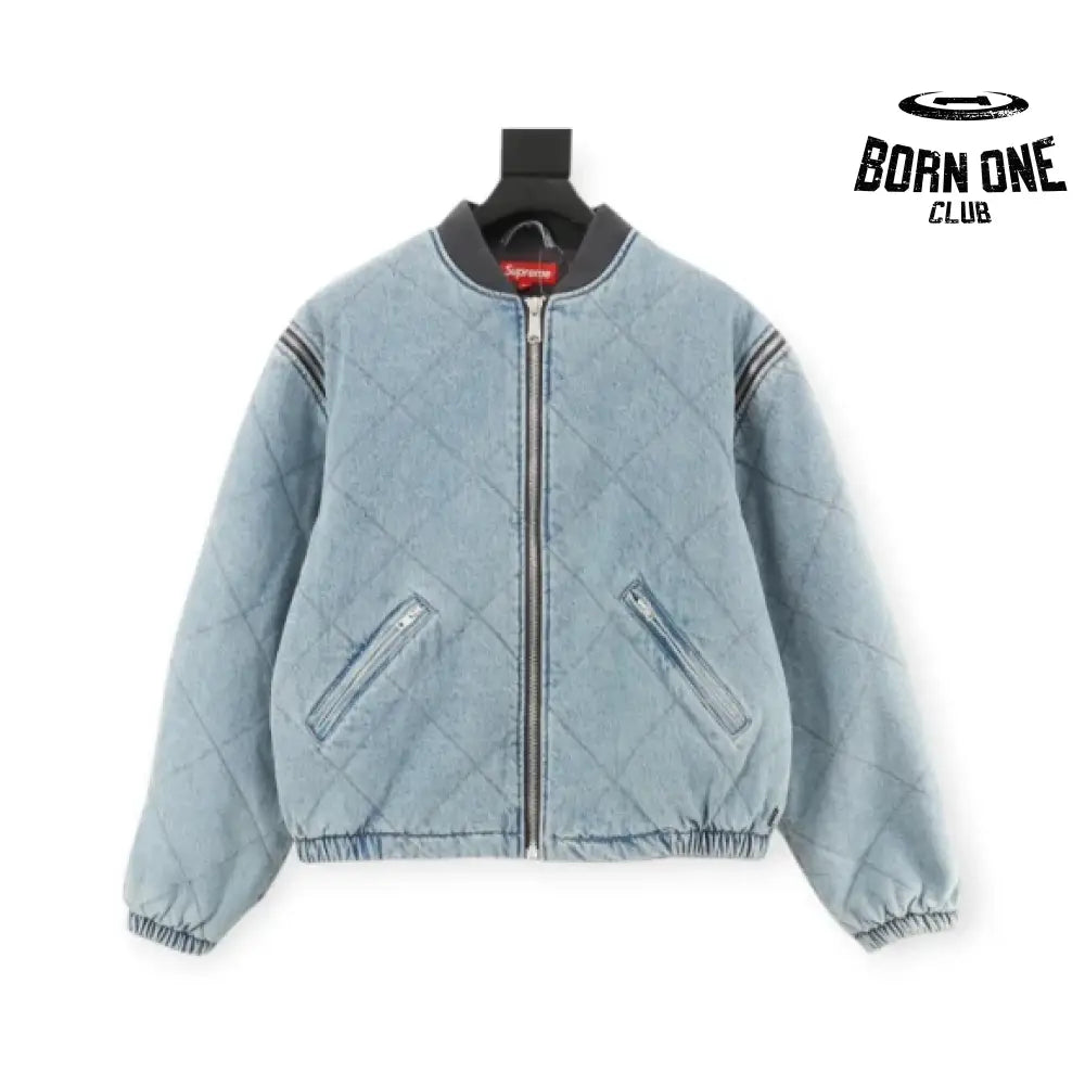 Zip-Off Sleeve Quilted Bomber Denim Jacket